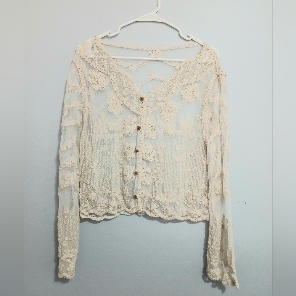 Boston Proper Cream Crochet Lace Cardigan